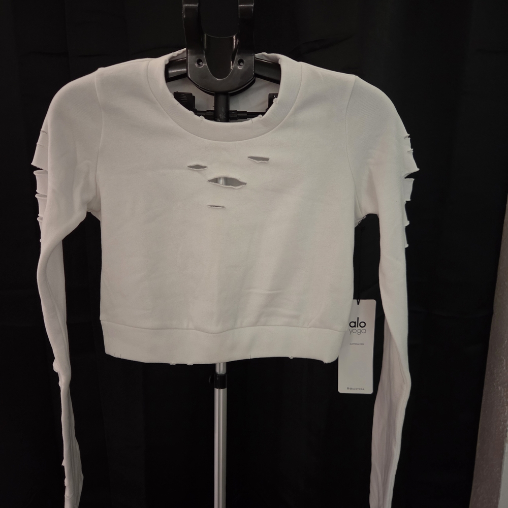 ALO Yoga White Distressed Long Sleeve Crop Top
